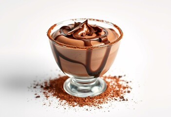 Decadent chocolate mousse in a glass cup with a white background