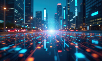 Obraz premium Smart City AI Network, Futuristic Road - AI and Machine Learning