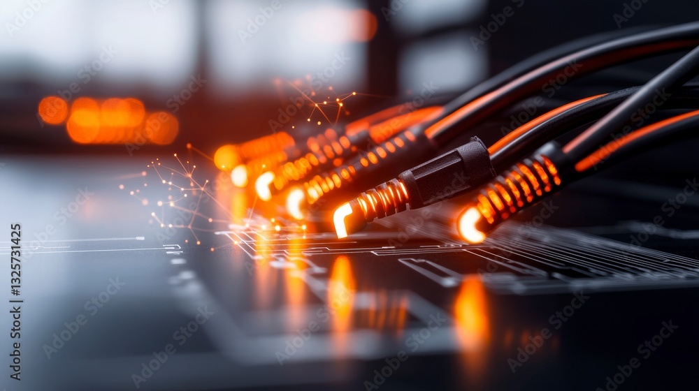 Poster close-up view of network cables with illuminated connectors on a dark circuit board background