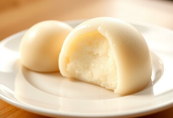 Soft, fluffy Mochi on a white plate with a subtle gradient background