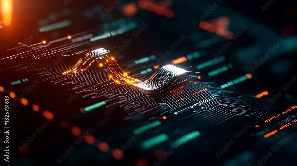 Poster abstract digital circuit design with glowing lines and nodes on dark background for technology and i