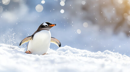 Fototapeta premium brave little penguin waddles through snowy landscape, showcasing its playful spirit amidst sparkling snowflakes