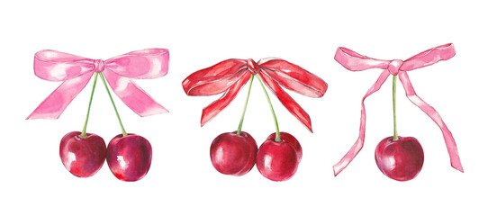 Collection of watercolor cherries with pink bow, girly set