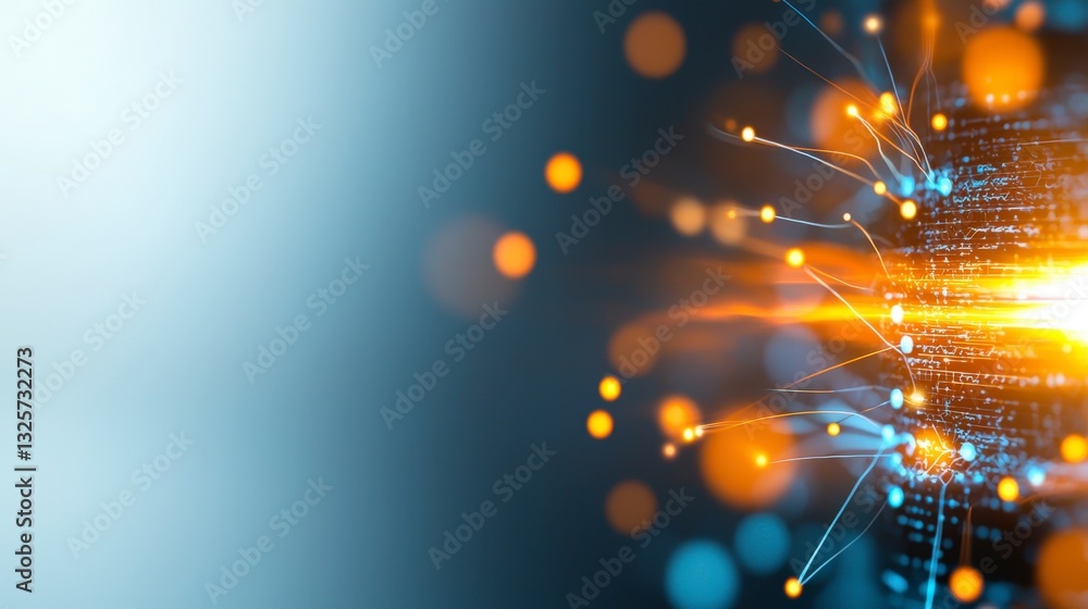 Poster abstract digital background with glowing lines and dots in blue and orange colors for technology or 