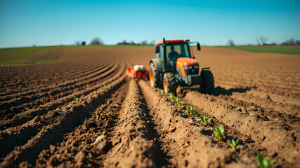 Fototapeta premium A farmer plowing a field with a tractor, cutting deep furrows into the rich, brown soil. The vast landscape shows the first signs of spring, with green sprouts emerging and a bright blue sky above
