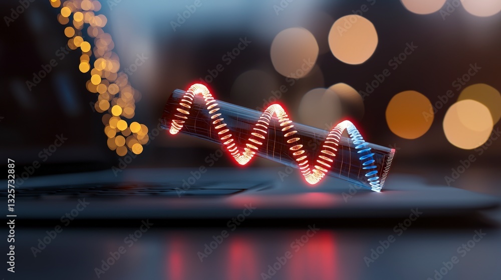 Poster abstract representation of sound waves with glowing effects on a blurred background of colorful ligh