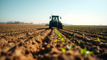 Fototapeta premium A farmer plowing a field with a tractor, cutting deep furrows into the rich, brown soil. The vast landscape shows the first signs of spring, with green sprouts emerging and a bright blue sky above