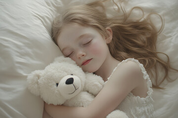 ぬいぐるみを抱いて眠る少女のやすらぎ
