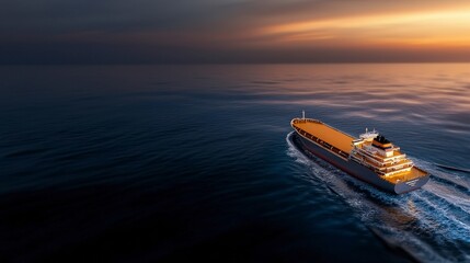 Obraz premium Majestic Cargo Ship Navigating Tranquil Ocean at Sunset with Dramatic Skies and Calm Waters