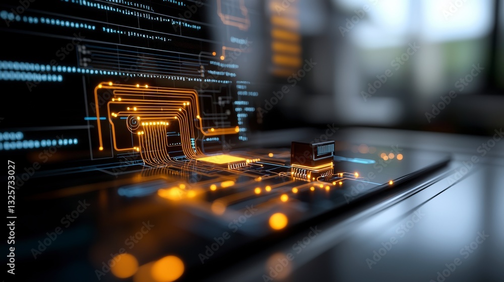 Poster macro view of circuit board with orange glow in digital technology environment