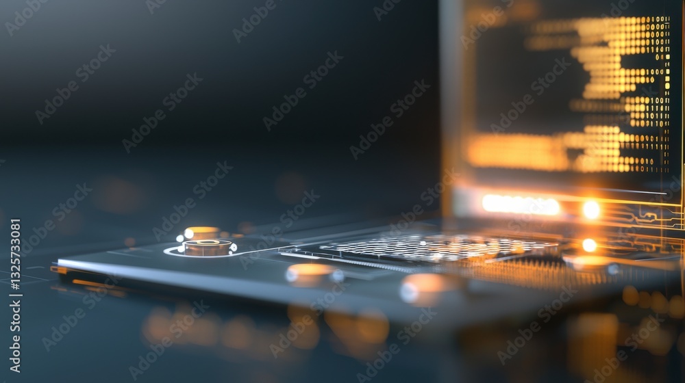 Poster advanced technology scene with laptop and circuit patterns featuring glowing elements in dark backgr