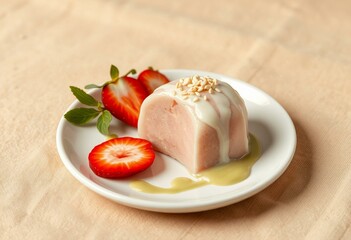 Photorealistic image of a delicious Mochi dessert with strawberry and green tea ice cream sauce