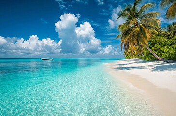 
Breathtaking tropical beach scene featuring crystal clear turquoise waters, soft white sand, and lush palm trees under a vibrant blue sky with dramatic cloud formations