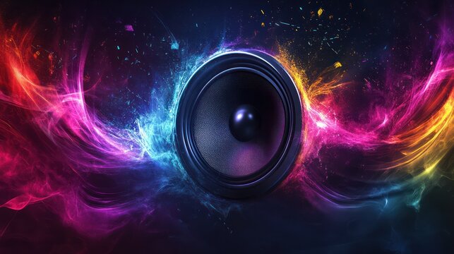 Colorful speaker, vibrant energy, dark background, music event promo