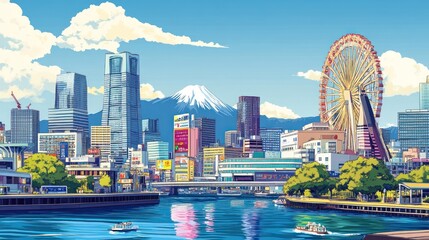 Fototapeta premium Yokohama waterfront, Mt. Fuji view, Ferris wheel, sunny day, boats, city illustration