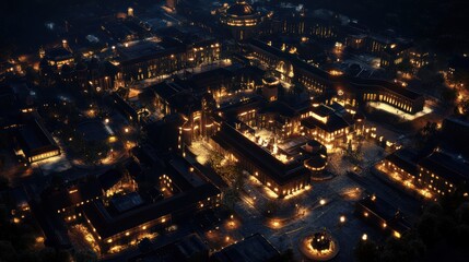 Obraz premium Night aerial view Illuminated campus, city buildings, snowy ground, architectural design