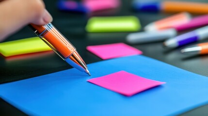 Close-up image of a hand holding a pen over blue paper with pink sticky notes scattered with highlighters creating a vibrant workspace scene