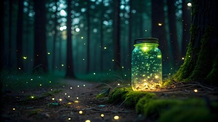 A Magical Jar Capturing Enchanting Fireflies In A Mystical Forest At Twilight, Glowing With Ethereal Green Light And Soft Shadows