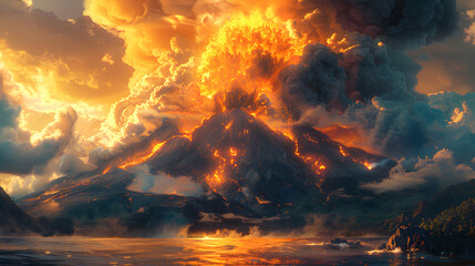 Naklejka premium Majestic volcanic eruption at sunset with fiery lava and dramatic clouds over a serene ocean