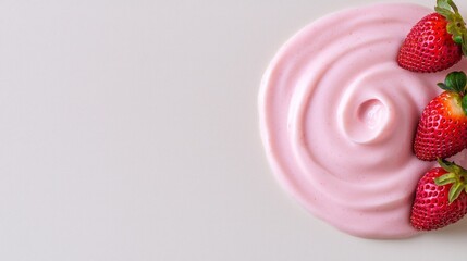 Fototapeta premium Creamy Pink Yogurt with Fresh Strawberries Delicious Healthy Breakfast Food