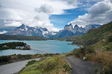 Scenic view of the mountains and lakes  in Torres del Paine National Park, Patagonia