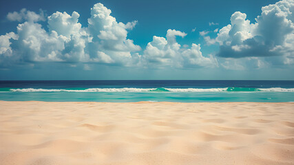 Fototapeta premium Tropical sea sand sky, closeup beach scene. Idyllic peaceful horizon calm waves seascape, beautiful beach with white sand, turquoise ocean and sunny sky clouds in sunny day. Summer travel vacations