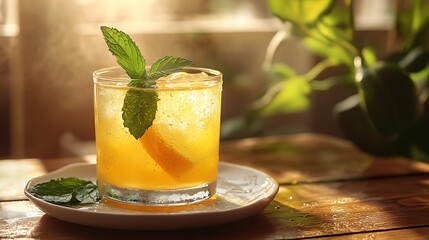 Fototapeta premium A visually stunning lemonade in a modern glass tumbler, golden sunlight enhancing the vibrant yellow liquid, condensation dripping down the sides, a fresh mint leaf gently floating,