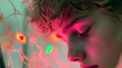 Fototapeta premium Teenager s Face Anxiety Addiction Digital World Closeup Pink Light Vulnerable Young