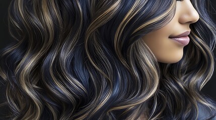 Textured brunette curls styled with deep navy and beige tones