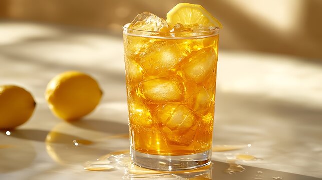 A warm honey-ginger iced tea with rich golden hues, served in a modern cylindrical glass, ice cube creating subtle ripples on the surface, lemon twist carefully arranged on top,