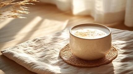 A warm-toned minimalist composition featuring a coconut milk drink in a clean ceramic cup, placed on a natural linen napkin, delicate play of light and shadows, soft neutral tones. --ar 16:9
