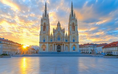 Fototapeta premium Majestic church at sunrise, reflecting golden light on the plaza.