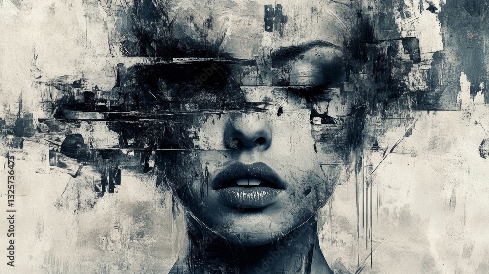 Poster Abstract Artistic Portrait with Distorted Features and Dark Tones