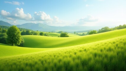 Fototapeta premium Rolling green hills and scattered trees under a bright sky in a serene countryside landscape.
