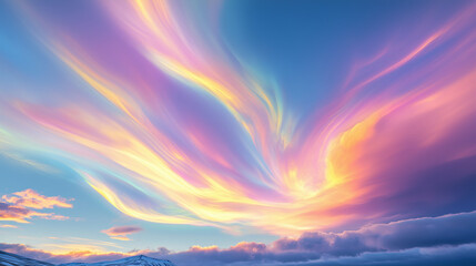 Obraz premium colorful rainbow clouds, sunset over the mountain, abstract nature sky background 