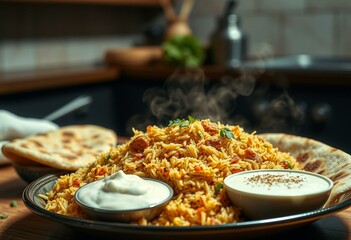 Steaming hot plate of Biryani with crispy naan bread and creamy raita