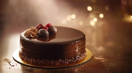Rich Chocolate Cake with Berries and Elegant Decorations