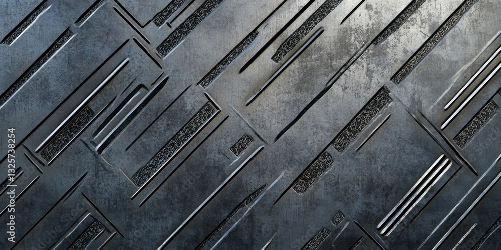 Poster engraved texture: a detailed metallic surface presents an abstract design of geometric shapes, featu