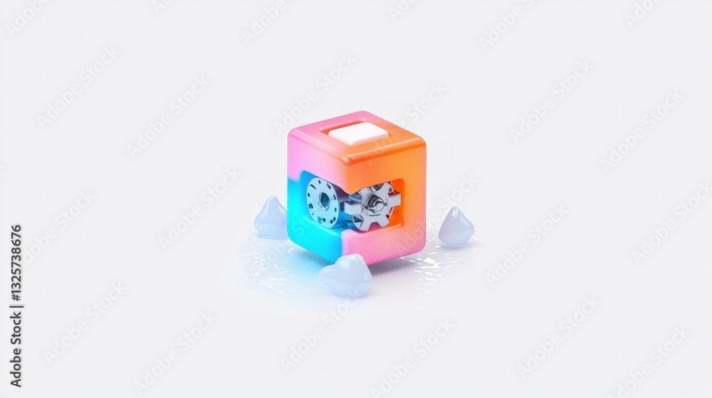 Poster isometric cube gear mechanism colorful 3d render abstract technology
