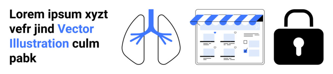 Text with placeholder, lungs diagram, calendar interface with store awning, black lock icon. Ideal for medical data security, online booking, healthcare, privacy, cybersecurity web design user