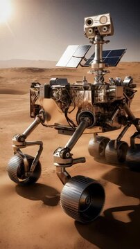 An advanced robotic rover exploring the dusty red terrain of Mars