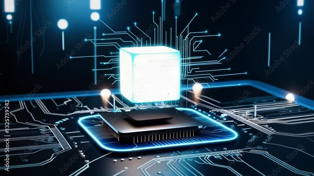 Poster a futuristic, high tech scene featuring a central glowing cube, suspended above a circuit platform. 