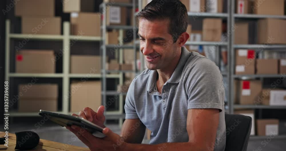 Poster tablet, cargo and man in warehouse for distribution stock with cardboard boxes on shelf. digital tec