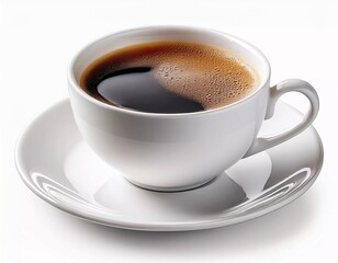 Naklejka premium A steaming cup of black coffee in a white ceramic cup on a matching saucer. The smooth surface and rich aroma create a perfect moment for coffee lovers, evoking warmth, energy, and relaxation.