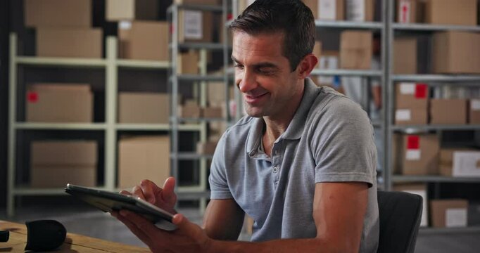 Tablet, cargo and man in warehouse for distribution stock with cardboard boxes on shelf. Digital technology, packages and male delivery coordinator checking online order for ecommerce parcel.