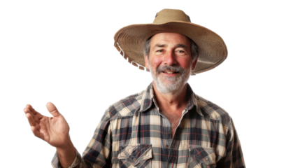 Smiling farmer gesturing with open hand on transparent background