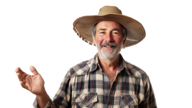 Smiling farmer gesturing with open hand on transparent background - Powered by Adobe