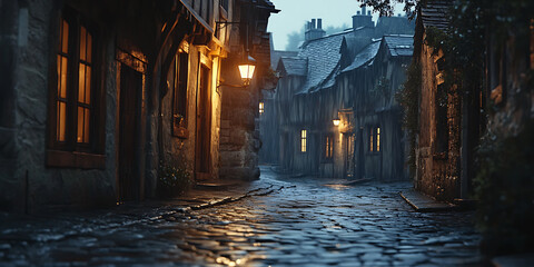 Obraz premium A narrow, wet cobblestone alleyway winds between old stone buildings under a moody, gaslight evening ambiance, useful for historical themes.