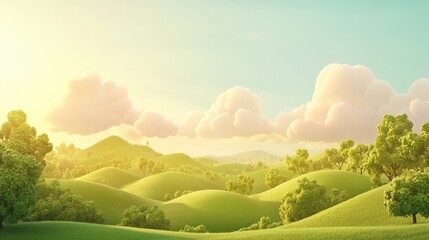 Obraz premium illustration of Summer fields landscape with a dawn,Rainbow, green grass hills, bright color blue sky, country background,banner resting vacation.