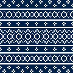 Pixel Christmas Pattern with White Snowflake Icons on Blue Background,Nordic and Scandinavian Style,Ideal for Gift Wrapping,Sweaters,Fabric,Border,Banner and Digital Art Projects During the Holiday